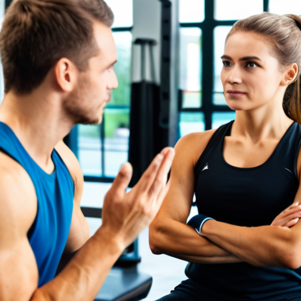 Resolving Conflict - Calm Discussion**

"A professional setting featuring a fully clothed woman and a fully clothed male personal trainer in modest athletic wear, seated at a small table in a bright, modern gym. They are engaged in a calm, open conversation, with the woman gesturing thoughtfully. The background includes blurred gym equipment and other people exercising. Safe for work, appropriate content, professional, perfect anatomy, correct proportions, natural pose, well-formed hands, proper finger count, natural body proportions, high quality."

**