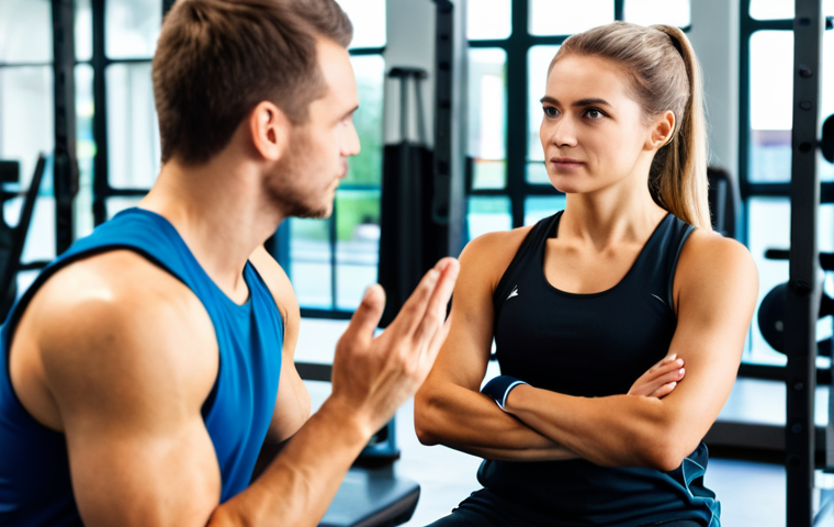 Resolving Conflict - Calm Discussion**

"A professional setting featuring a fully clothed woman and a fully clothed male personal trainer in modest athletic wear, seated at a small table in a bright, modern gym. They are engaged in a calm, open conversation, with the woman gesturing thoughtfully. The background includes blurred gym equipment and other people exercising. Safe for work, appropriate content, professional, perfect anatomy, correct proportions, natural pose, well-formed hands, proper finger count, natural body proportions, high quality."

**