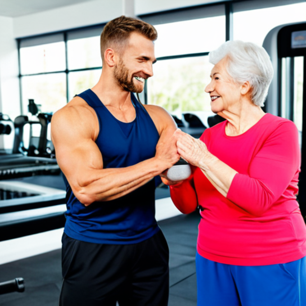 Niche Specialization**

"A personal trainer working with a senior client on mobility exercises in a bright, modern gym. The trainer is demonstrating a safe and effective exercise, providing encouragement. Fully clothed, appropriate attire, safe for work, family-friendly, perfect anatomy, natural proportions, well-formed hands, professional photography, clear focus, instructional setting."

**