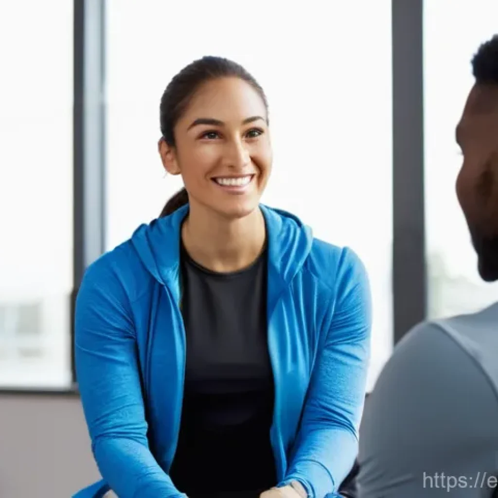 퍼스널트레이너로 일하며 느낀 점 - **Prompt:** A compassionate female personal trainer, in her late 20s, with a warm smile, is seated a...