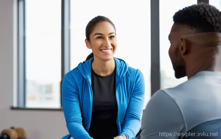 퍼스널트레이너로 일하며 느낀 점 - **Prompt:** A compassionate female personal trainer, in her late 20s, with a warm smile, is seated a...