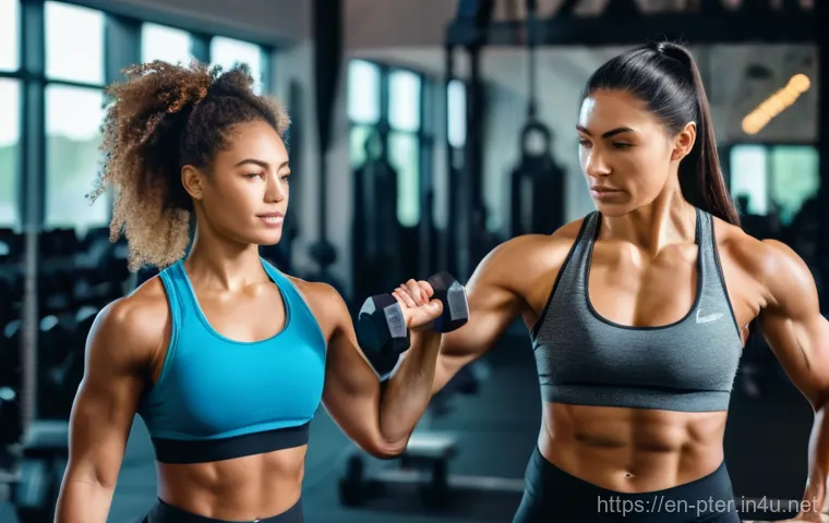 퍼스널트레이너 필라테스 자격증 차이점 - **Dynamic Personal Training Session in a Modern Gym**
    "A motivated young adult woman, wearing st...