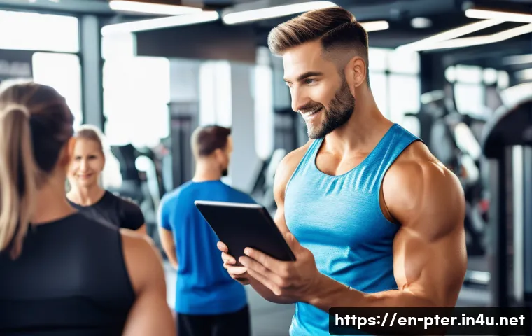 퍼스널트레이너의 프리랜서 활동 팁 - A dynamic personal trainer coaching a diverse group of busy professionals in a modern gym setting, e...