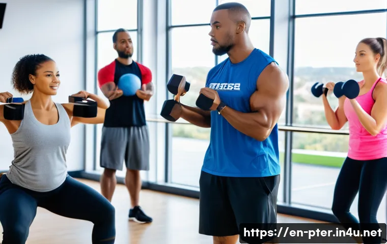 퍼스널트레이너 관련 국가 지원 제도 - A diverse group of adult students in a modern fitness training classroom, all wearing professional a...