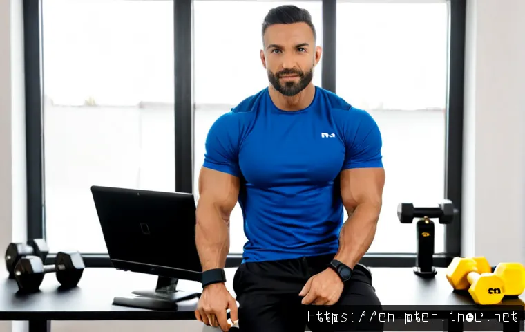 퍼스널트레이너의 온라인 PT 비즈니스 - Photorealistic home office scene of a confident personal trainer running an online coaching business...