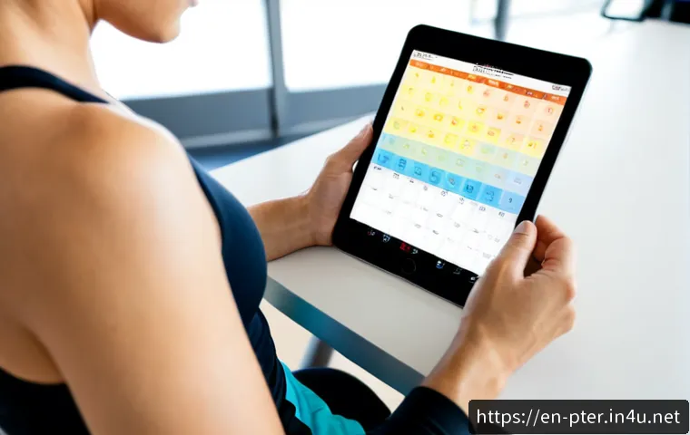 퍼스널트레이너의 스케줄 관리 소프트웨어 - Photorealistic personal trainer in a bright modern fitness studio, seated at a clean desk reviewing ...