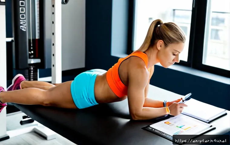 퍼스널트레이너 필수 이론 정리 - Photorealistic personal trainer studying essential exercise science at a clean modern gym desk, open...